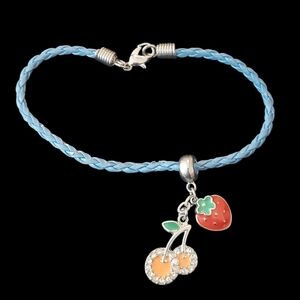 B543 Blue Braided Leather Strawberry and Cherry Charm Bracelet
